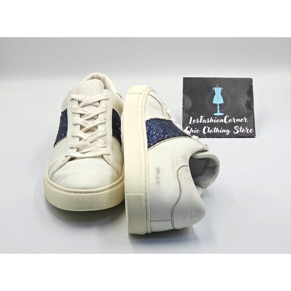 Tory Burch Women's White Leather Blue Glitter Carter Flat Sneakers Sz 11M 2661 - Picture 12 of 16